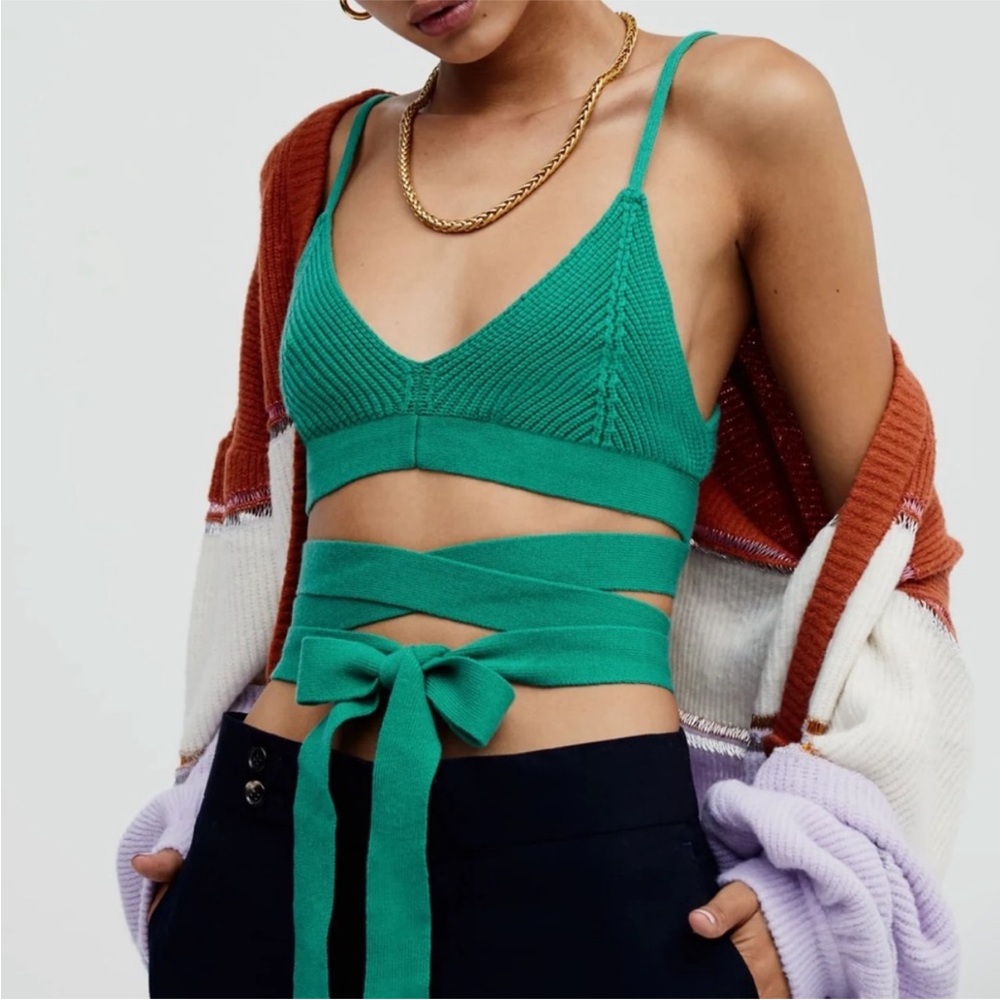 NWT For Love & Lemons Joan Knit Cami Crop Wrap Tie Top Green Size Large